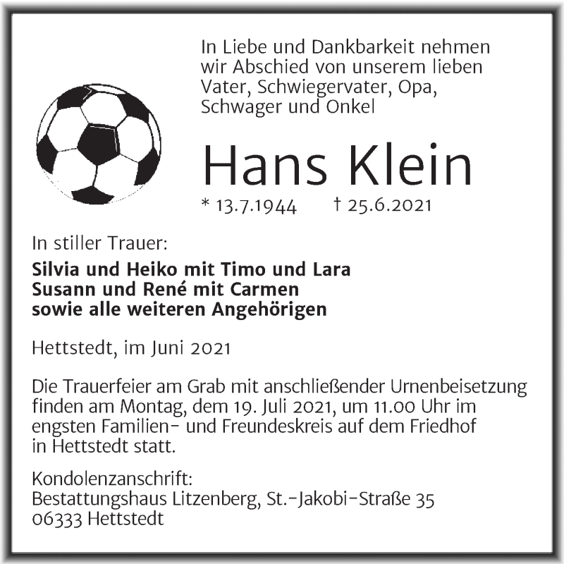  Traueranzeige für Hans Klein vom 03.07.2021 aus Trauerkombi Mansfelder Land