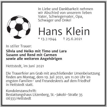 Traueranzeige von Hans Klein von Trauerkombi Mansfelder Land