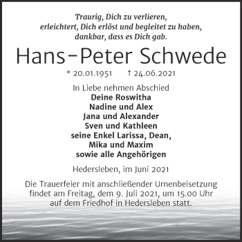Traueranzeige von Hans-Peter Schwede von Trauerkombi Quedlinburg