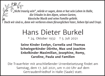Traueranzeige von Hans Dieter Burkel von Mitteldeutsche Zeitung Halle/Saalkreis