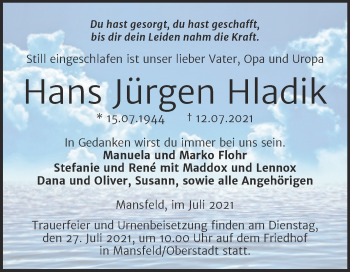 Traueranzeige von Hans Jürgen Hladik von Trauerkombi Mansfelder Land