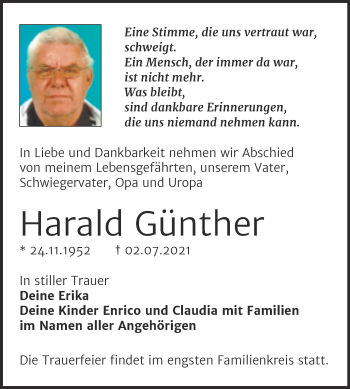 Traueranzeige von Harald Günther von Trauerkombi Bitterfeld