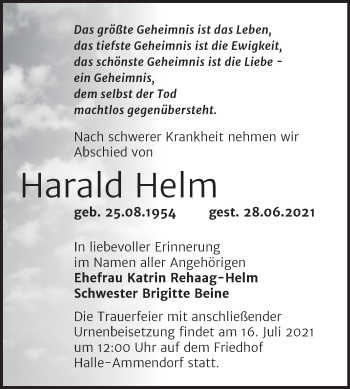Traueranzeige von Harald Helm von Mitteldeutsche Zeitung Halle/Saalkreis