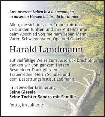 Traueranzeige von Harald Landmann von Trauerkombi Wittenberg