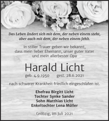 Traueranzeige von Harald Licht von Trauerkombi Köthen