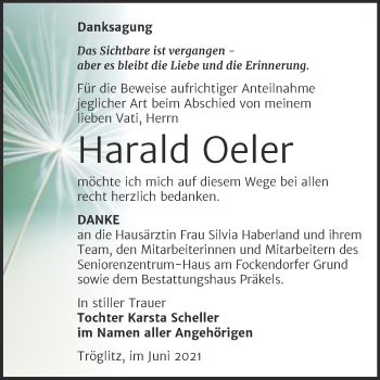 Traueranzeige von Harald Oeler von Trauerkombi Zeitz
