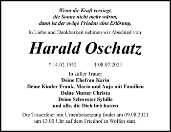 Traueranzeige von Harald Oschatz von Trauerkombi Bitterfeld