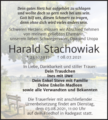 Traueranzeige von Harald Stachowiak von Trauerkombi Köthen