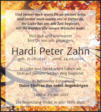 Traueranzeige von Hardi Peter Zahn von Trauerkombi Weißenfels