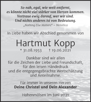 Traueranzeige von Hartmut Kopp von Trauerkombi Weißenfels