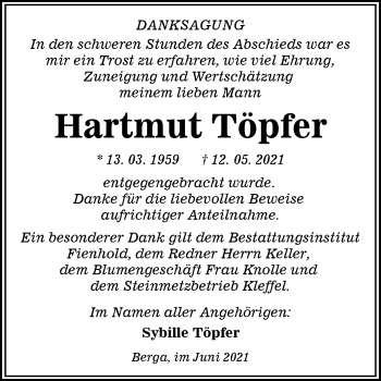 Traueranzeige von Hartmut Töpfer von Trauerkombi Sangerhausen