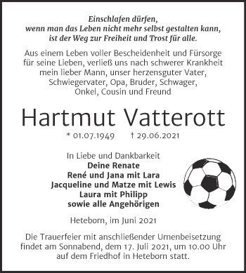 Traueranzeige von Hartmut Vatterott von Trauerkombi Quedlinburg