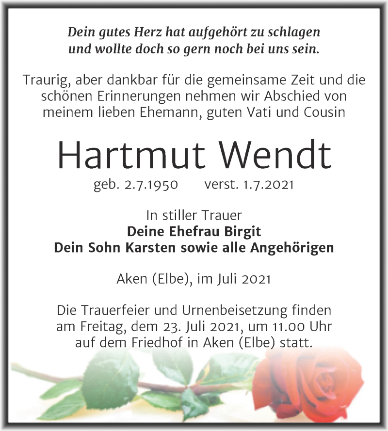  Traueranzeige für Hartmut Wendt vom 07.07.2021 aus Trauerkombi Köthen