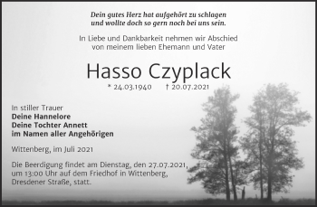 Traueranzeige von Hasso Czyplack von Trauerkombi Wittenberg