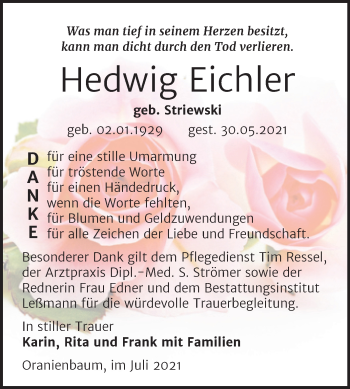 Traueranzeige von Hedwig Eichler von Trauerkombi Wittenberg