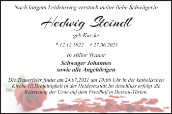 Traueranzeige von Hedwig Steindl von Trauerkombi Dessau