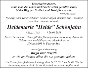 Traueranzeige von Heidemarie Schönjahn von Trauerkombi Dessau