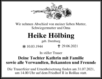 Traueranzeige von Heike Hölbing von Trauerkombi Dessau