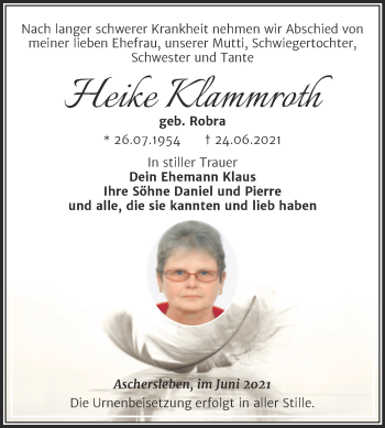 Traueranzeige von Heike Klammroth von Trauerkombi Aschersleben
