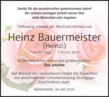 Traueranzeige von Heinz Bauermeister von Trauerkombi Quedlinburg