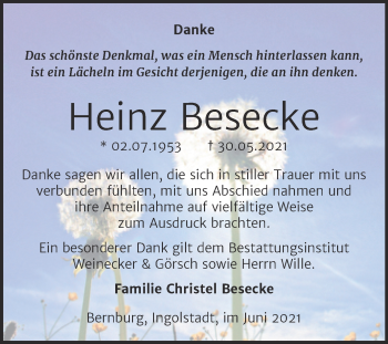 Traueranzeige von Heinz Besecke von Trauerkombi Bernburg