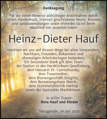 Traueranzeige von Heinz-Dieter Hauf von Trauerkombi Quedlinburg