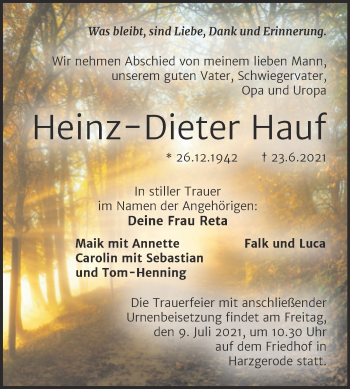 Traueranzeige von Heinz-Dieter Hauf von Trauerkombi Quedlinburg