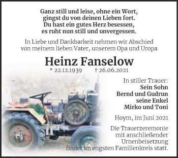 Traueranzeige von Heinz Fanselow von Trauerkombi Aschersleben