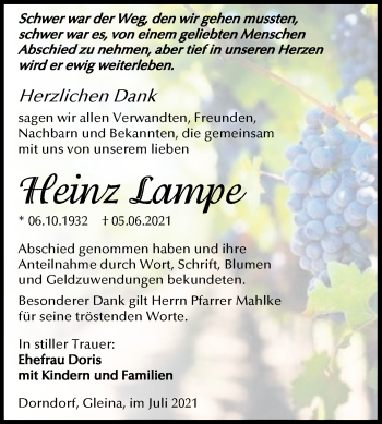 Traueranzeige von Heinz Lampe von Naumburger Tageblatt