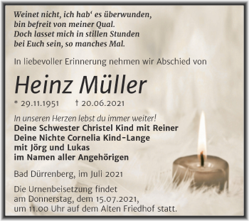 Traueranzeige von Heinz Müller von Trauerkombi Merseburg