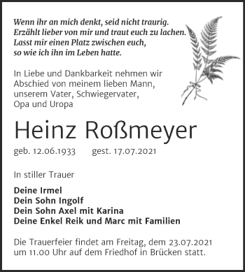 Traueranzeige von Heinz Roßmeyer von Mitteldeutsche Zeitung Sangerhausen