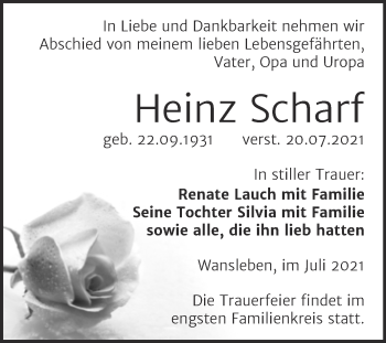 Traueranzeige von Heinz Scharf von Trauerkombi Mansfelder Land