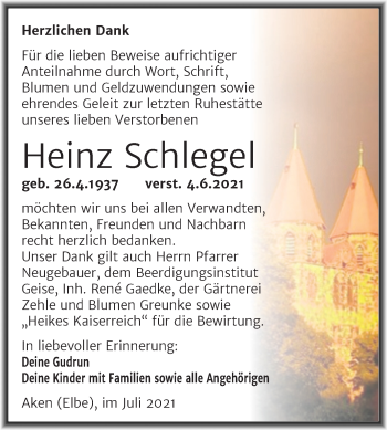 Traueranzeige von Heinz Schlegel von Trauerkombi Köthen