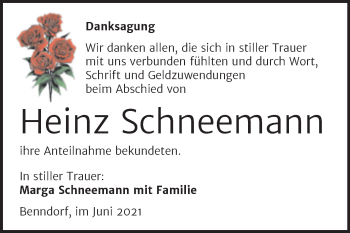 Traueranzeige von Heinz Schneemann von Trauerkombi Mansfelder Land
