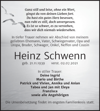 Traueranzeige von Heinz Schwenn von Trauerkombi Weißenfels