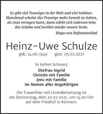 Traueranzeige von Heinz-Uwe Schulze von Trauerkombi Bernburg