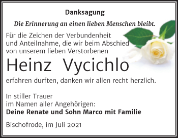 Traueranzeige von Heinz Vycichlo von Trauerkombi Mansfelder Land