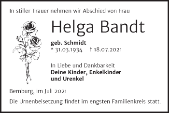 Traueranzeige von Helga Bandt von Trauerkombi Bernburg