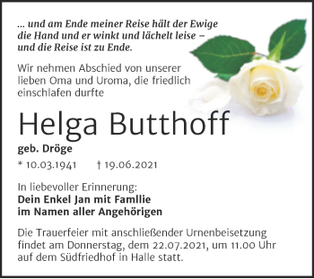 Traueranzeige von Helga Butthoff von Mitteldeutsche Zeitung Halle/Saalkreis