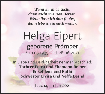 Traueranzeige von Helga Eipert von Trauerkombi Weißenfels