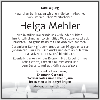 Traueranzeige von Helga Mehler von Trauerkombi Mansfelder Land