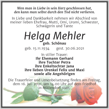 Traueranzeige von Helga Mehler von Trauerkombi Mansfelder Land