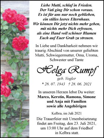 Traueranzeige von Helga Rumpf von Trauerkombi Sangerhausen