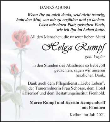 Traueranzeige von Helga Rumpf von Mitteldeutsche Zeitung Sangerhausen