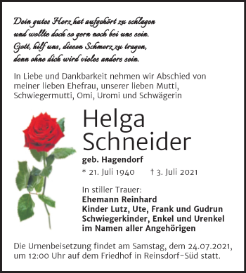 Traueranzeige von Helga Schneider von Trauerkombi Wittenberg