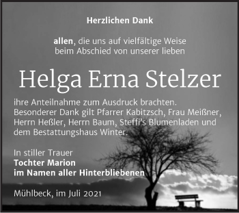 Traueranzeige von Helga Erna Stelzer von Trauerkombi Bitterfeld
