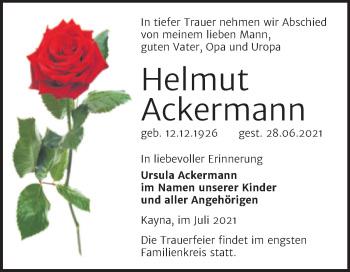 Traueranzeige von Helmut Ackermann von Mitteldeutsche Zeitung Zeitz