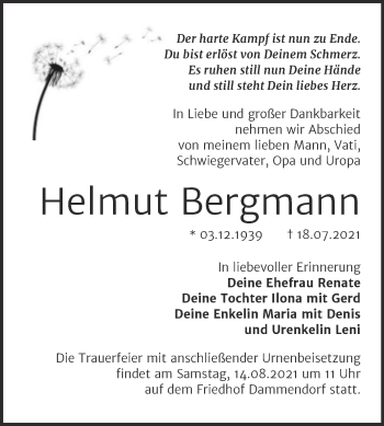 Traueranzeige von Helmut Bergmann von Mitteldeutsche Zeitung Halle/Saalkreis