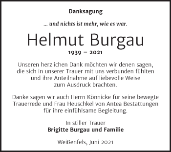 Traueranzeige von Helmut Burgau von Naumburger Tageblatt