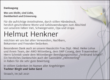 Traueranzeige von Helmut Henkner von Trauerkombi Wittenberg
